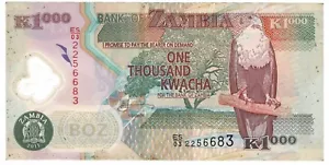 Bank of Zambia 2011 Issue 1000 Kwacha Pick #44h Polymer Banknote Circulated - Picture 1 of 2