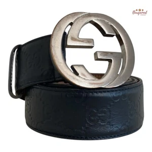 Authentic Gucci Black Guccissima Leather Silver Interlocking G Buckle Belt 90/36 - Picture 1 of 13