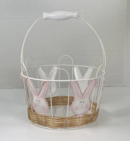 Easter Bunny Metal Wire Wicker Basket Ceramic Handle Home Decor Easter  11” X 9” Cover