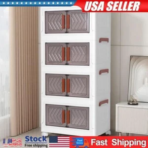 4 Tier Plastic Storage Containers with Doors & Wheels Foldable Organization - Picture 1 of 18