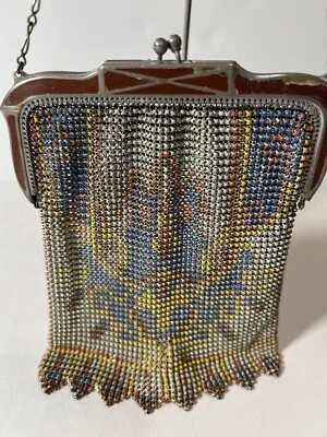 Bolso de Noche Cartera Malla Metálica Pintada Whiting And Davis Bloqueo de Beso USADO Foto 1 de 4