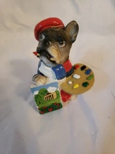 Französische Bulldogge oder Mops rotes Barett Gemälde Bild Ornament 3,25"  - Bild 1 von 5