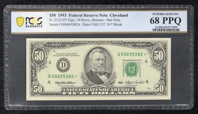 FR. 2125-D* 1993 $50 *STAR* FRN CLEVELAND, OH PCGS BANKNOTE GEM UNC-68PPQ (AE) - Image 1 of 2