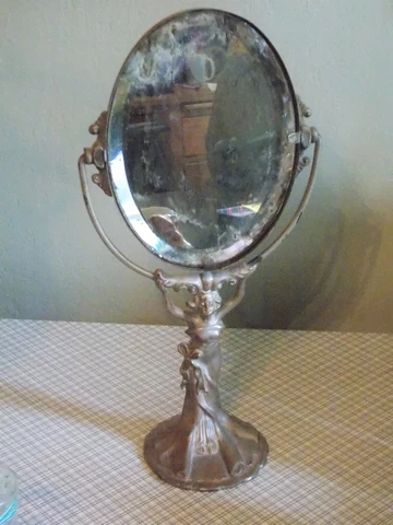 Antique Tabletop Vanity Mirror Distressed Mirror Art Deco Woman In Dress Base Cover