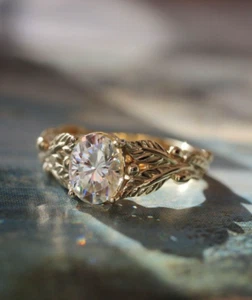Anillo de compromiso de hoja solitaria de moissanita corte ovalado naturaleza boda ramita anillo ella - Imagen 1 de 11
