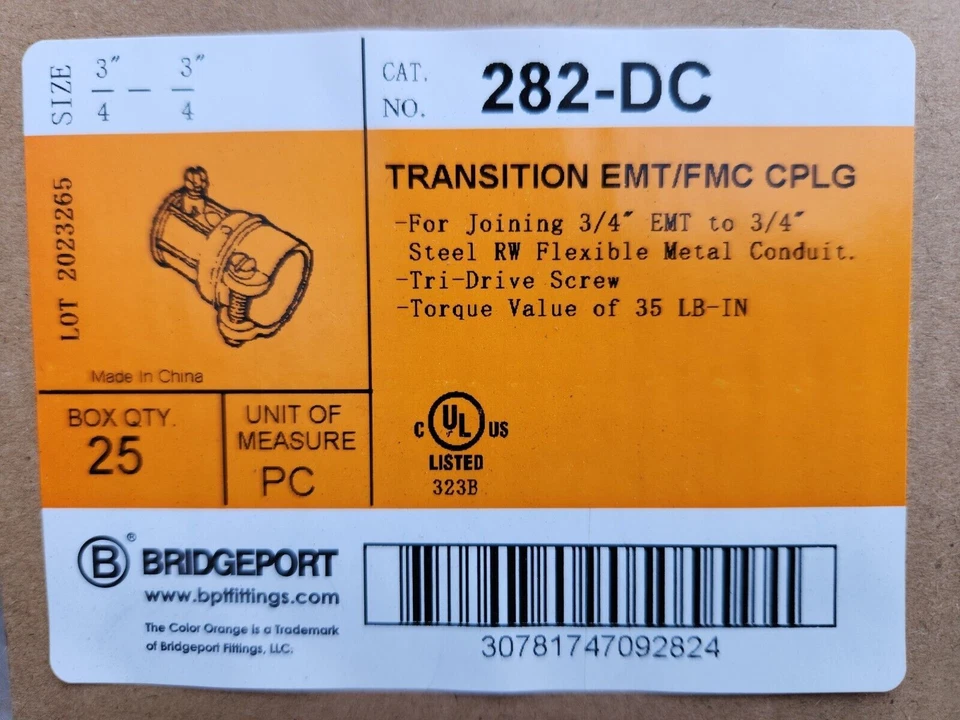 (25 paquetes) Acoplamiento Bridgeport 282-DC Transition 3/4" EMT/FMC Foto 1 de 1