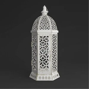 Hexagon Candle Lantern Distressed White Metal Cutwork Frame Home Patio Decor 15" - Picture 1 of 8