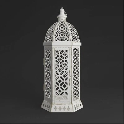 Hexagon Candle Lantern Distressed White Metal Cutwork Frame Home Patio Decor 15" - Image 1 of 4