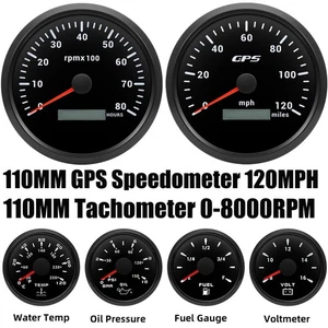 6 Gauge Set 110mm Black GPS Speedometer 120MPH Tacho 8000RPM Gauge Waterproof - Picture 1 of 23