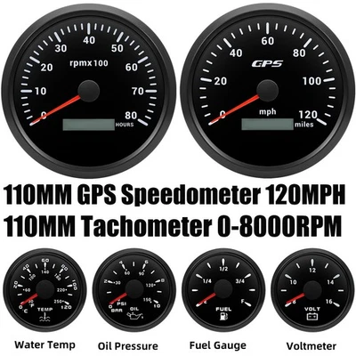6 Gauge Set 110mm Black GPS Speedometer 120MPH Tacho 8000RPM Gauge Waterproof - Image 1 of 4