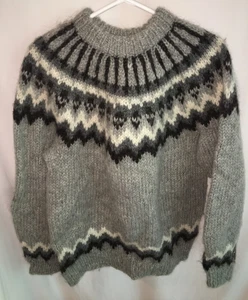 GRAU isländischer Wollpullover Handstrick Fair ISLE Nordic Pullover GR. L 46" - Bild 1 von 4