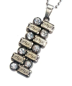 Greek Key Lines With Crystals Pendant Stainless Steel Pendant Chain 24" Necklace - Picture 1 of 2