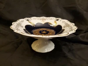 Limoges Pedestal Dish. Cobolt Blue Ivory, Gold Accents, Vintage - Picture 1 of 8