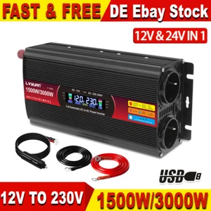 1500W 3000W 12V & 24V auf 230V Spannungswandler Wechselrichter USB LCD Schwarz - Picture 1 of 6