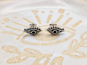 Oxidized 925 Sterling Silver Evil Eye Earrings: Black Agate Crystal Protection - Picture 1 of 7