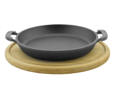 Servierpfanne 14 cm Gusseisen emaillierte Bratpfanne Holzuntersetzer Gusspfanne - Bild 1 von 3
