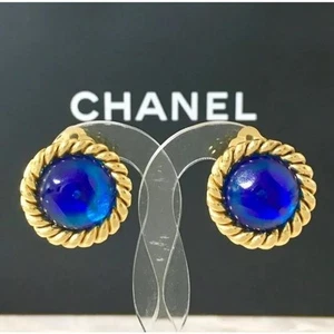 Chanel Authentic earrings blue stone clear chain gold color Diameter 2.1cm C01 - Picture 1 of 4