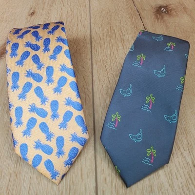 Mens Tie Lot of 2 Haggar Apt 9 Tropical Beach Themed Print Pineapple Shark Palm - Image 1 of 4