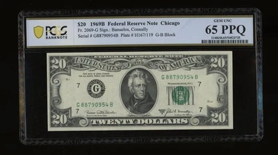 DBR 1969-B $20 FRN Chicago Gem Fr. 2069-G PCGS-B 65 PPQ Serial G88790954B - Image 1 of 2