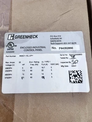 GREENHECK 3 PHASE MOTOR STARTER PANEL W/ SMART START