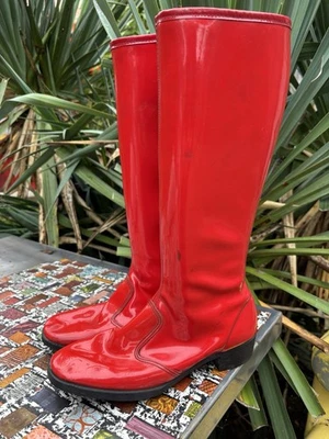 Vintage Red Pleather Mod GoGo Boots 1960s Size 6.5 - Image 1 of 4