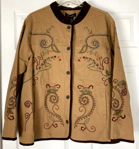 Denim & Co Coat Womens 2X Boho Embroidered Art to Wear Denim Brushed Twill Tan - Picture 1 of 7