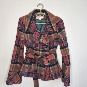 Just Jeans Size 8 Wool Blend Pink Check Plaid Long Sleeve Winter Coat Blazer - Picture 1 of 14