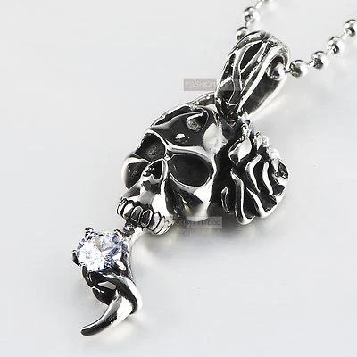 silver skull crystal pendant rose stainless steel 60cm ball chain necklace  Foto 1 de 3