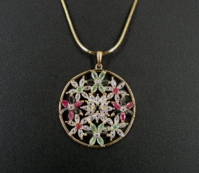 Gold Vermeil Flowers Round Multi Color Stones Sterling Silver Pendant Necklace - Image 1 of 4