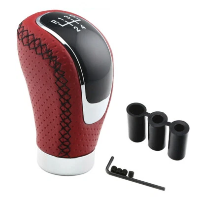 5/6 Speed Manual Car Gear Shift Lever Shifter Stick Knob Red Leather With 3 Caps - Image 1 of 4