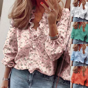 Women Ruffle V Neck Long Sleeve Shirts Summer Ladies Casual T Shirt Blouse Tops - Picture 1 of 16