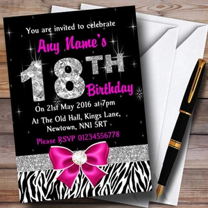 Pink Diamond And Zebra Print 18Th Birthday Party Personalised Invitations - Picture 1 of 1
