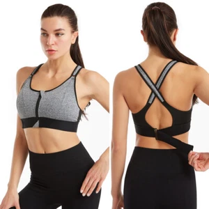 Women's High Impact Padded Yoga Sports Bra Front Zipper Closure Adjustable Strap - Picture 1 of 27