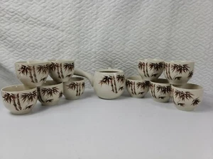 JAPANESE STONEWARE TEA SET TEAPOT AND 10 CUPS BAMBOO PATTERN   - Picture 1 of 8