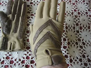 Vintage Isotoner Driving Gloves Tan & Brown Stretch One Size Leather - Picture 1 of 7
