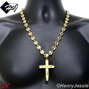 18"-40"MEN Stainless Steel 10mm Gold Plated Puffed Mariner Chain Cross Pendant*A - Picture 1 of 4