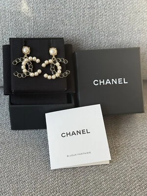 Authentic Chanel Earring Black and White Crystal Pearl CC Dangle Earrings - Image 1 of 4