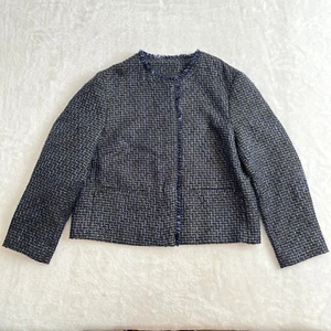 Banana Republic Blazer Jacket Womens 8 Blue Black Twill Fringe Yarn Long Sleeve - Picture 1 of 16