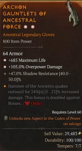 Diablo 4 S7 Season 7 2GA Gloves 685 max life 105% overpower damage - Picture 1 of 1