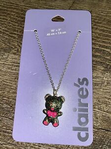 Claire’s Pink Enamel Bow Glitter Teddy Bear Adjustable Necklace Jewelry Birthday