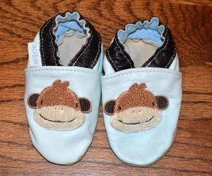 Jack & Lily Boys Soft Leather Crib Shoes 6-12m Light Blue & Navy Monkey Face EUC - Picture 1 of 1