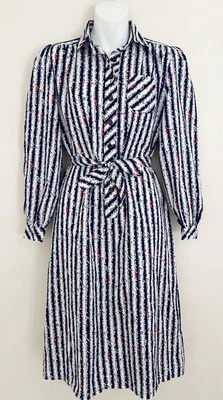Vintage 1970s SCHRADER SPORT Dress 6P Blue Stripe Secretary Belted Collared - Image 1 of 4