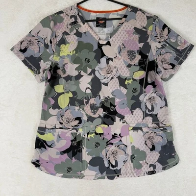 Dickies Women's XL Floral Print V-Neck Scrub Top Medical Work Shirt Pockets - Image 1 of 4