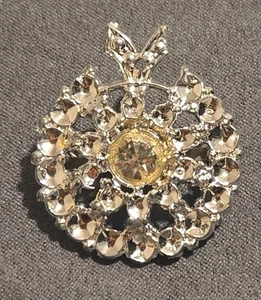 Vintage Clear Round Two Rows Silver Reflective Surface Single Rhinestone Brooch - Picture 1 of 4