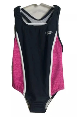 Speedo UV50+ Girls Size 5 Solid Infinity Splice One-Piece Swimsuit Gray Pink - Image 1 of 4