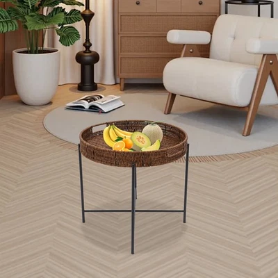 Foldable Coffee Table Removable Tray Imitation Rattan End Table Round Side Table - Image 1 of 4