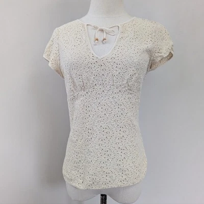 Banana Republic Y2K Lace Peasant Babydoll Top Neutral Ecru Womens M - Image 1 of 4