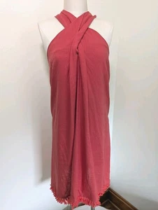 Easel Linen Blend Dress M Halter Neckline Fringed Hem Coastal Tropical Resort - Picture 1 of 8