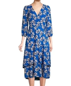 Eliza J geblümt blau Wickel Stufen Midikleid Größe 12 neu mit Etikett kostenloser Versand - Bild 1 von 9