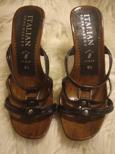 Italian Shoemakers Black Brown Platform Wood Sandals Shoes 6 1/2 Made in Italy - Picture 1 of 19